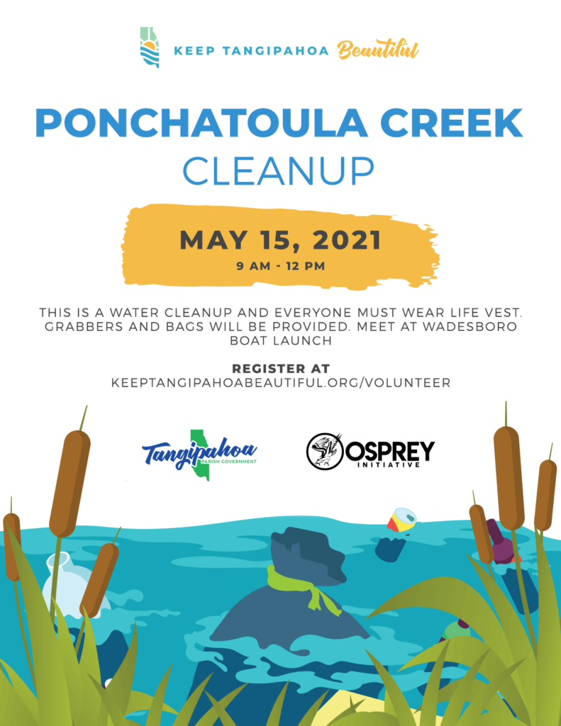 Ponchatoula Creek Cleanup flyer May 15, 2021 with event info and sponsor logos