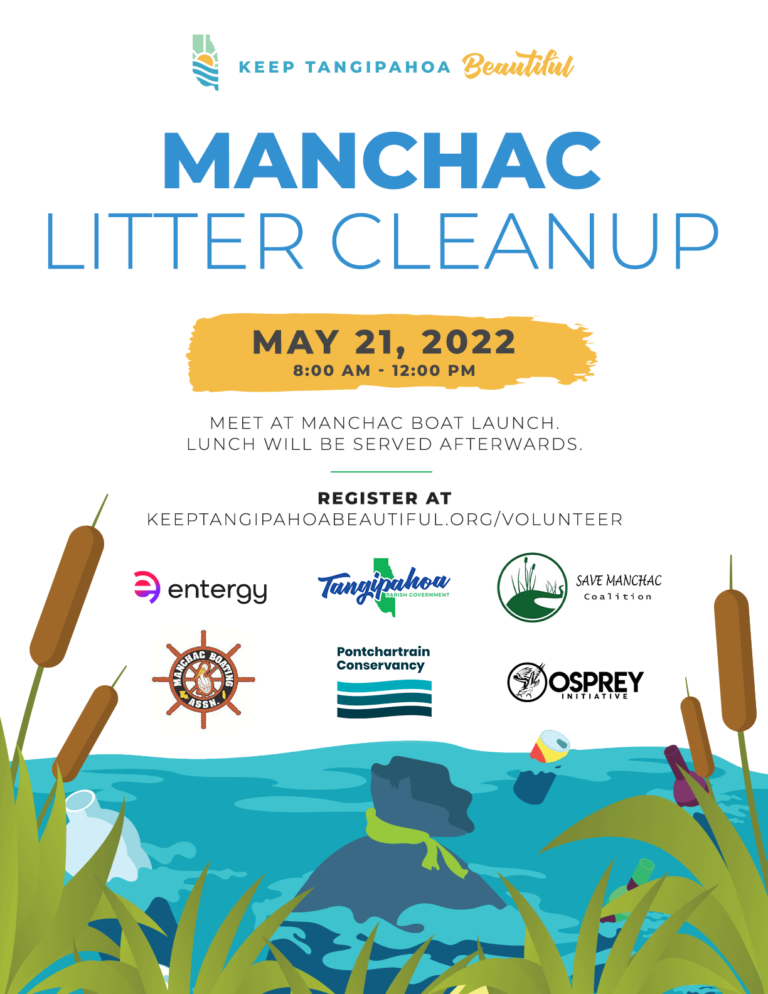 May 21, 2022 Manchac Litter Cleanup Flyer with info and sponsor logos above clip art